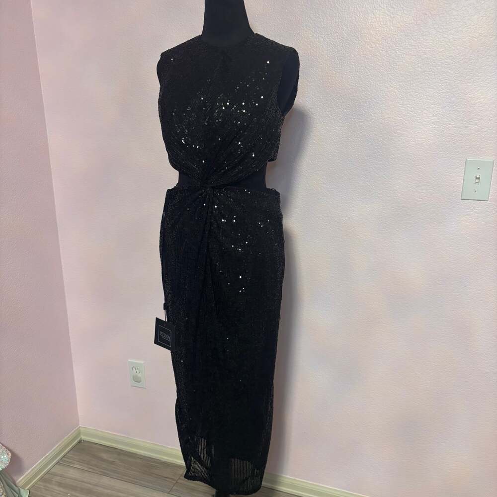 Ieena for Mac Duggal Black Sequin Cutout Twist FrontMidi Dress Style 27022